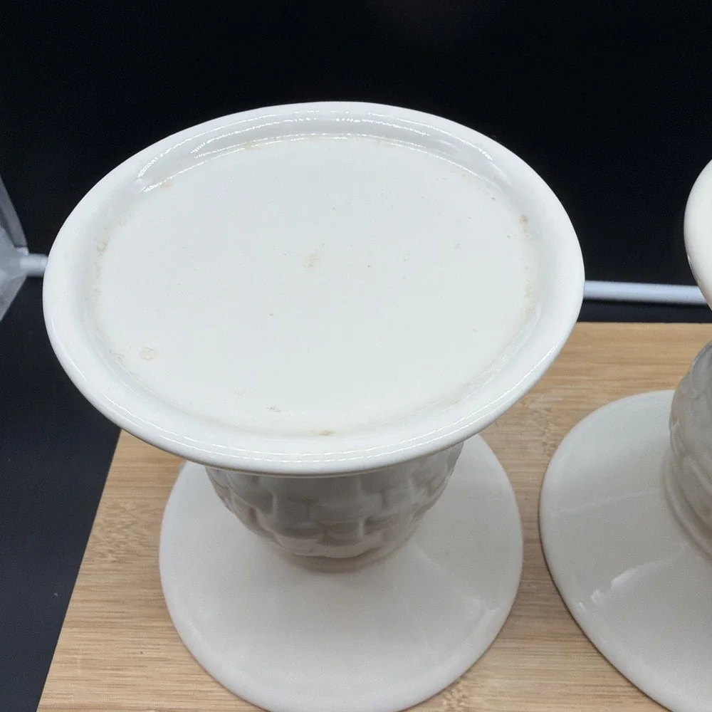 Pair Of Longaberger Ivory Woven Traditions Pedestal Pillar Candle Holders 5